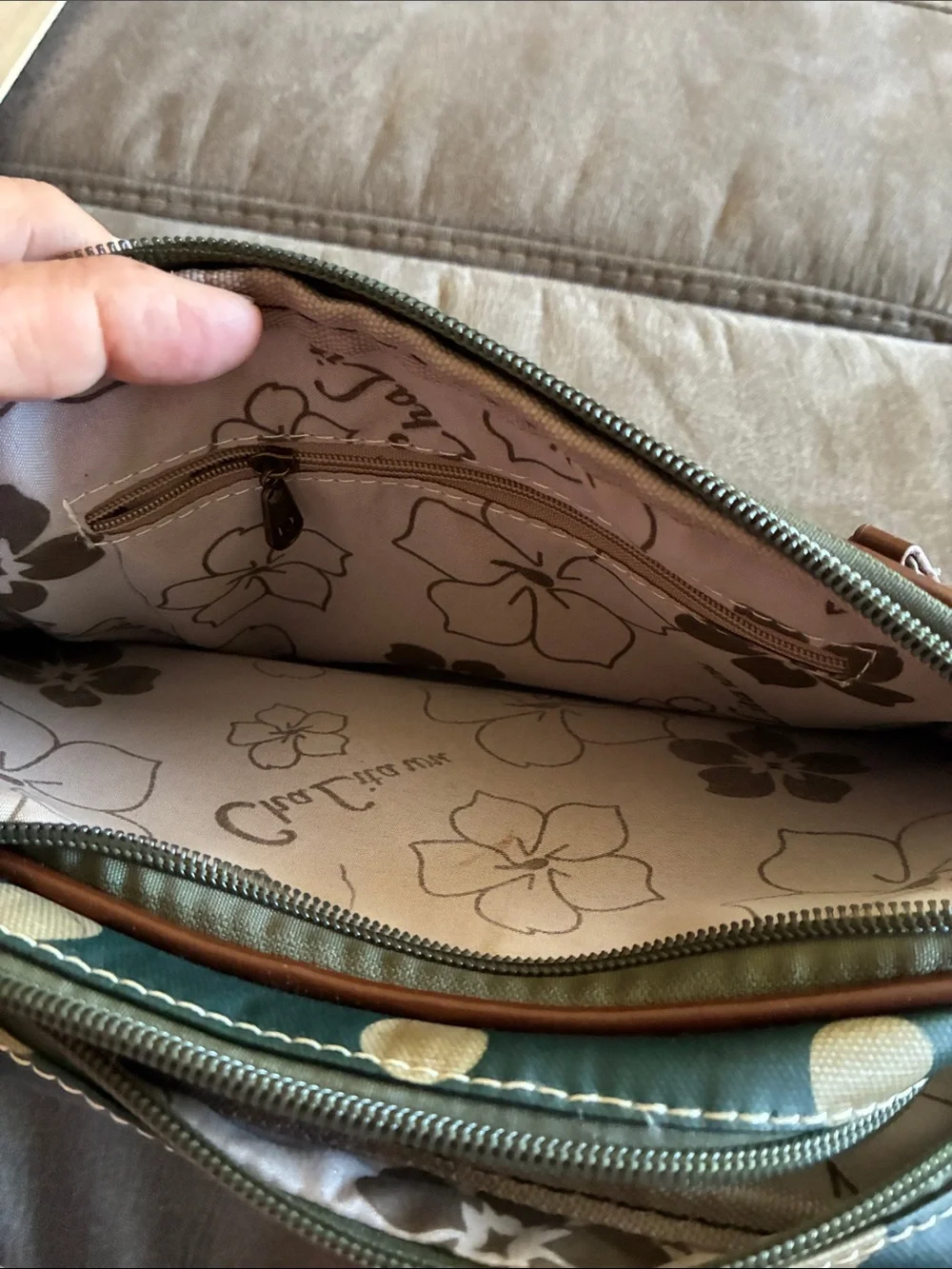 Cath Kidston Green Polka Dot Messenger Bag with Brown Trim